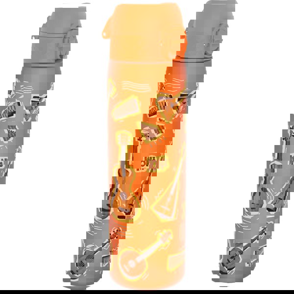 An orange water bottle, featuring various musical instruments, stands against a white background. ION8 is printed on the bottle.