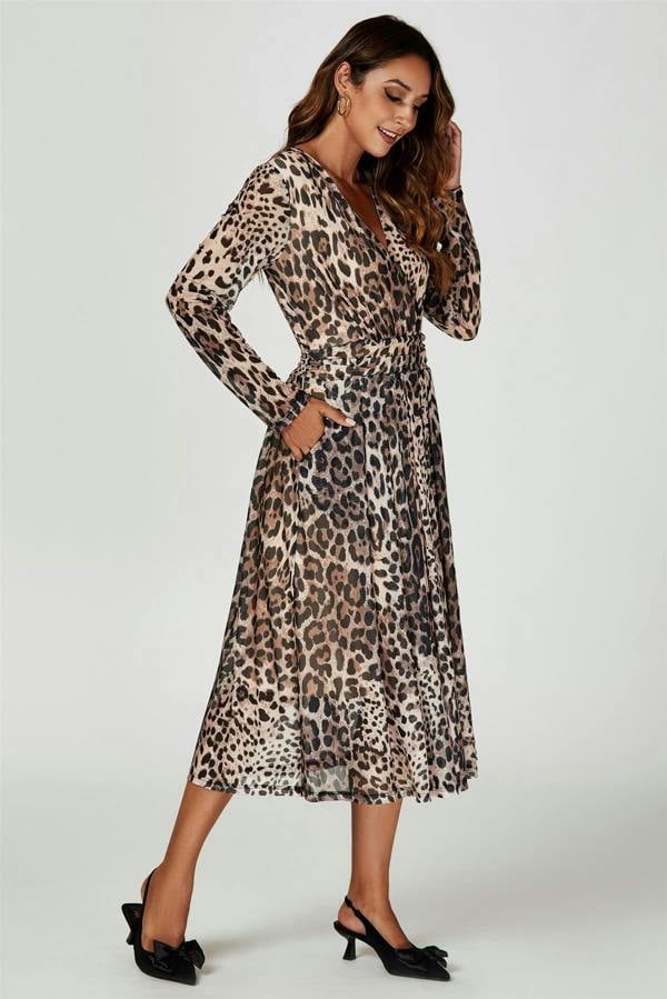 FS Collection Leopard Print Mesh Midi Dress In Brown