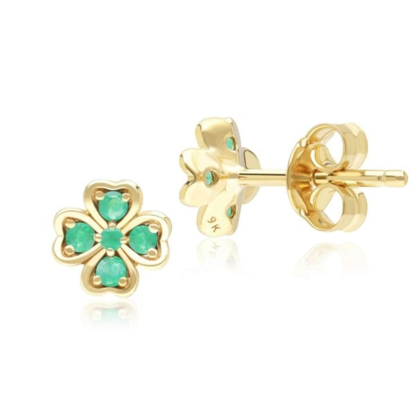 Gemondo Gardenia Round Emerald Clover Stud Earrings in 9ct Yellow Gold