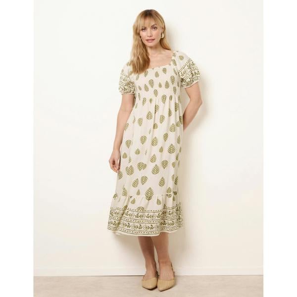 Blue Vanilla Square Neck Puff Sleeve Shirred Border Midi Dress