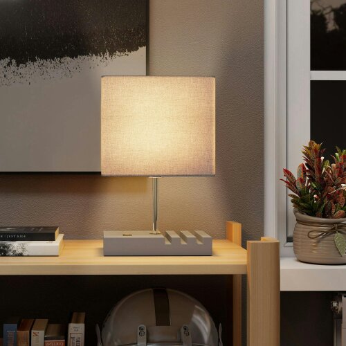 Wyld Haus Kata Wood And Fabric Grey Bedside Table Lamp With USB Charging Ports Phone Stands And Fabric Shade