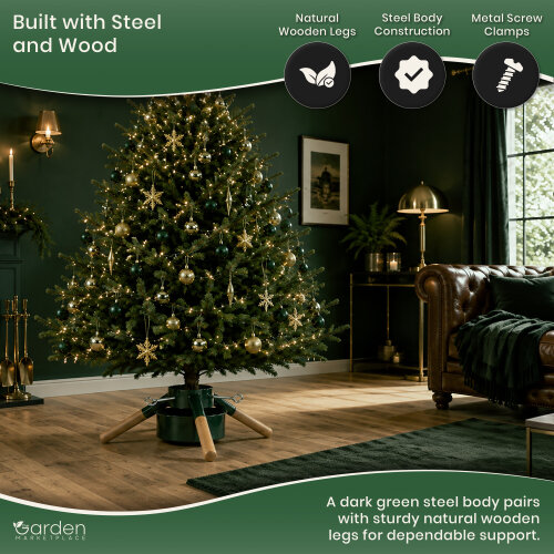 Large Modern Spruce Christmas Tree Stand, Green Metal Base with Wooden Legs, Water Reservoir, Adjustable Clamps for Trees up to 2.6m