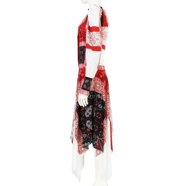 Alexander McQueen patchwork patterned dress in red, black and white with scoop  neckline and trapeze hemline