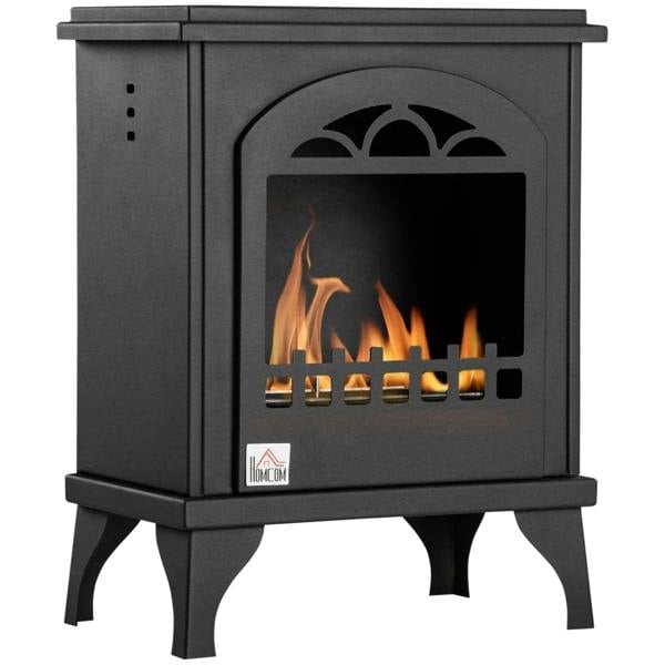Black free-standing ethanol fireplace stove with arched front opening and visible flames