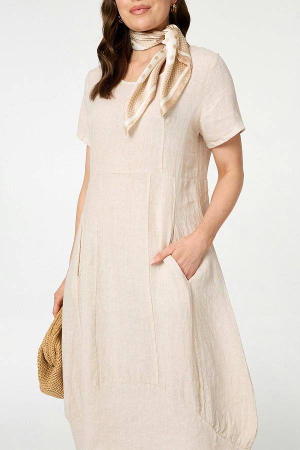 Beige | Short Sleeve Oversized Midi Shift Dress