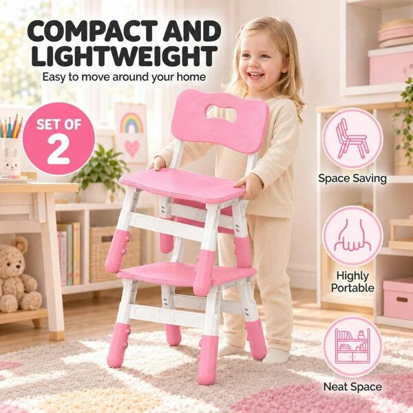 2 PCS Kids Desk Chairs, 3 Level Height Adjustable Children's Chairs with Backrest for 1.5-8 Years, Max Load 50KG, Pink