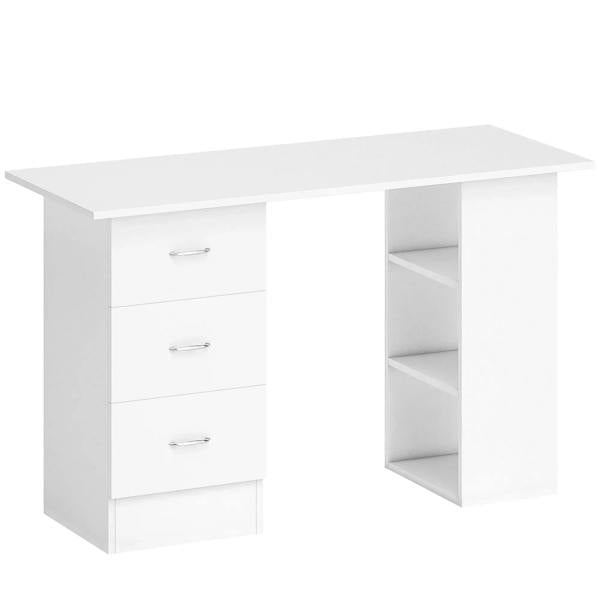 White computer desk with three drawers and three open shelves