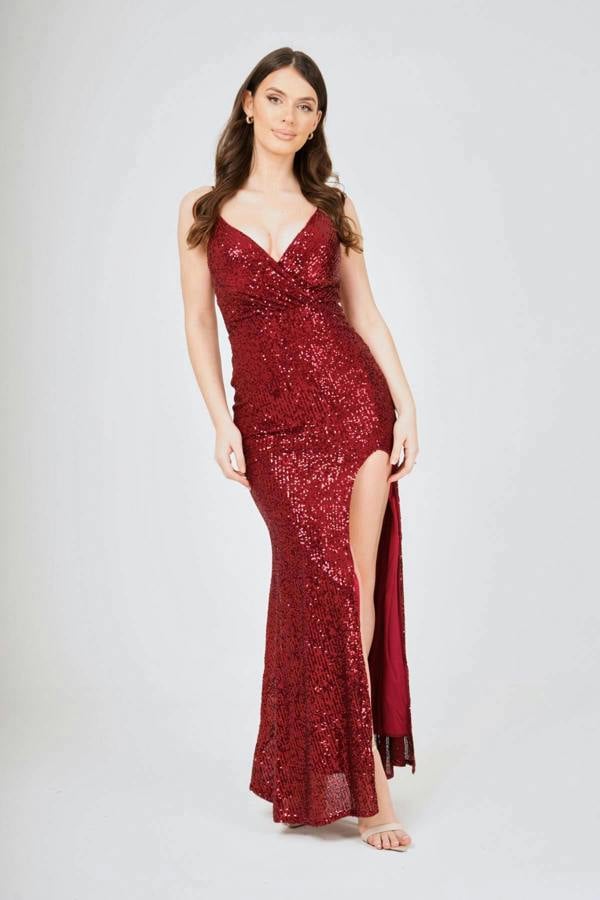 LuvForever Champagne Side-Split Sequin Maxi Dress