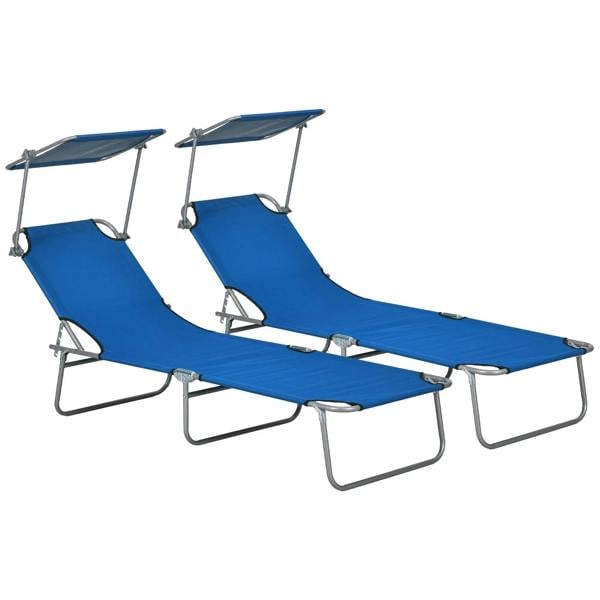 Blue folding sun lounger set of 2 with adjustable backrest and canopy shade