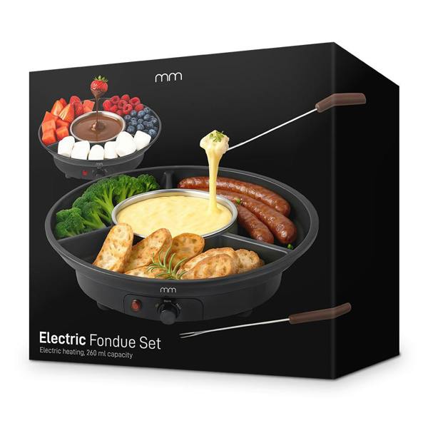 A three-quarter view of the matte black retail packaging box for the Electric Fondue Set, displayed against a white background. The front of the box features high-quality product images showing a savory cheese fondue arrangement with broccoli, sausages, and bread, alongside a smaller inset image showcasing a sweet chocolate fondue setup with strawberries, raspberries, and marshmallows. Clean white text in the bottom left corner reads 'Electric Fondue Set' with the subtext 'Electric heating, 260 ml capacity'.