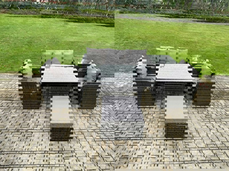Fimous Wicker PE Rattan Garden Furniture Set Outdoor Rectangular Dining Table and Chair Sofa Set With Side Table Big Footstool Dark Grey Mixed