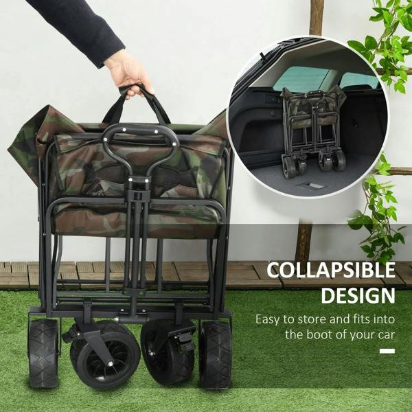 Collapsible folding garden trolley with camouflage fabric bed, guard rails, and black handle