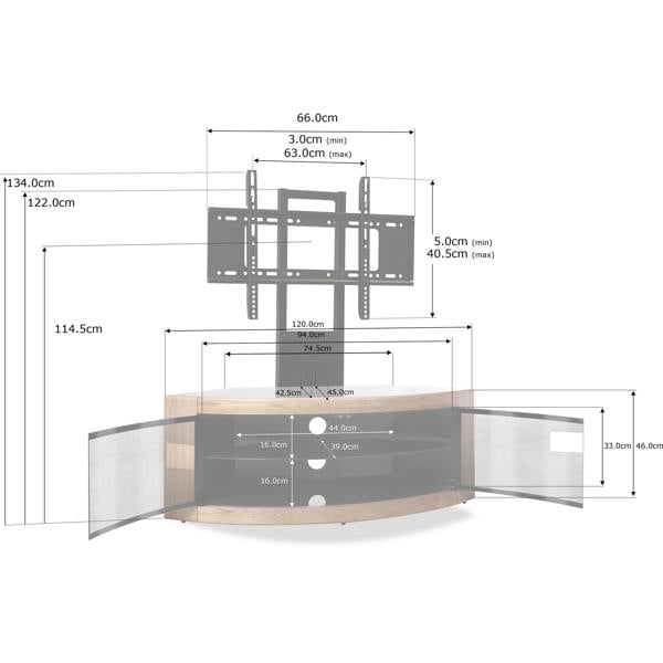 Homeology PANGEA Black/Oak Beam-Thru Curved True-Corner 32"-50" TV Cabinet with Mounting Arm
