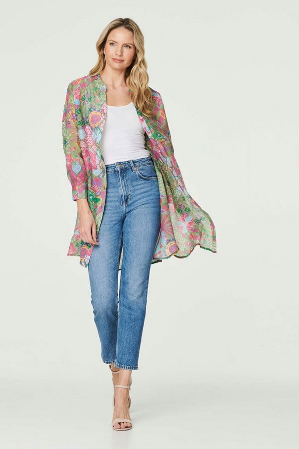 Green | Printed Semi Sheer Longline Blouse