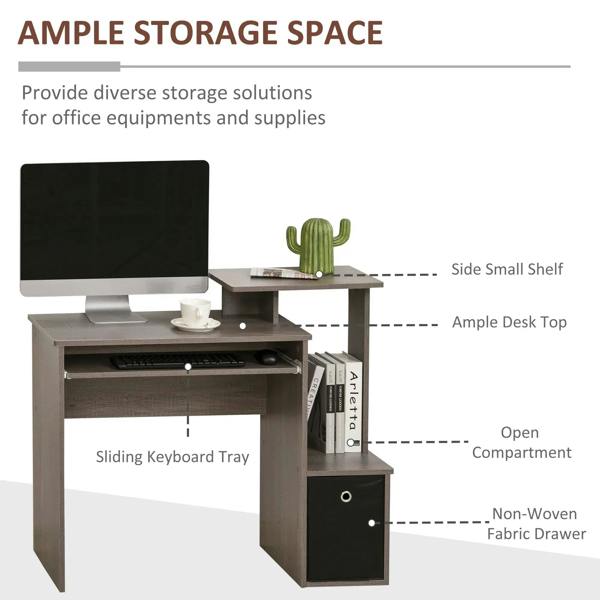 Grey computer desk with sliding keyboard tray, open compartment, and fabric drawer