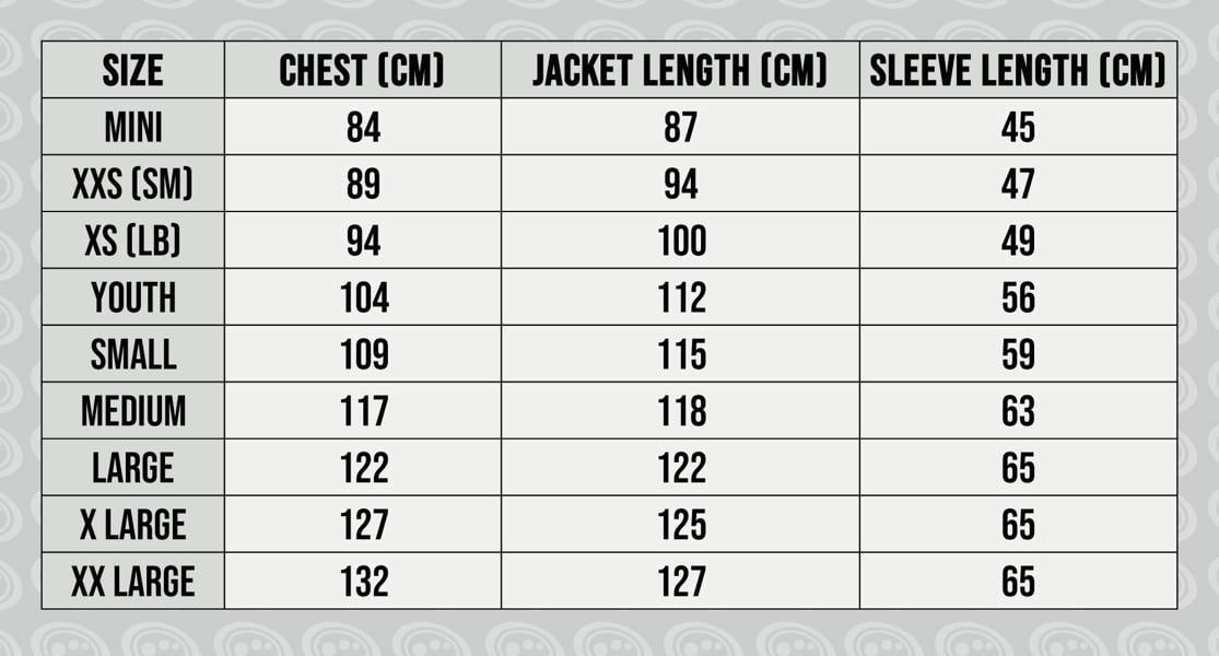 Optimum Sideline Sub Jacket size guide chart with chest, jacket and sleeve lengths in cm - Optimum