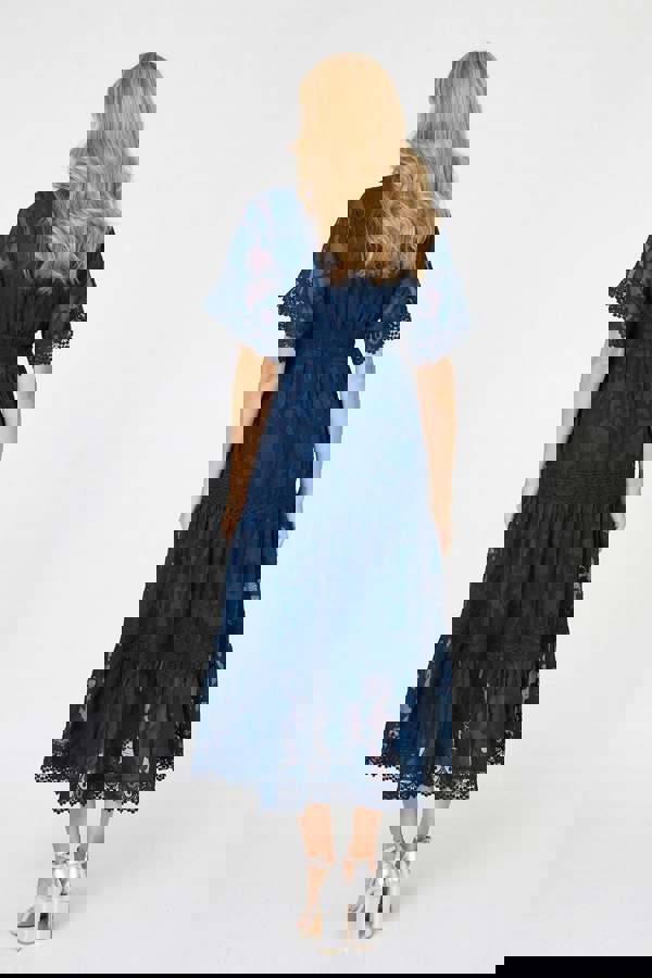 Navy | Floral Lace Frill 1/2 Sleeve Midi Dress
