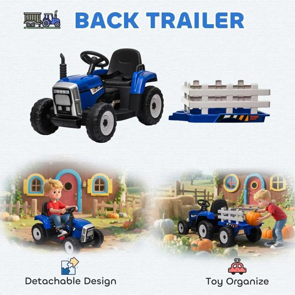Blue ride-on tractor with detachable trailer attachment and black seat