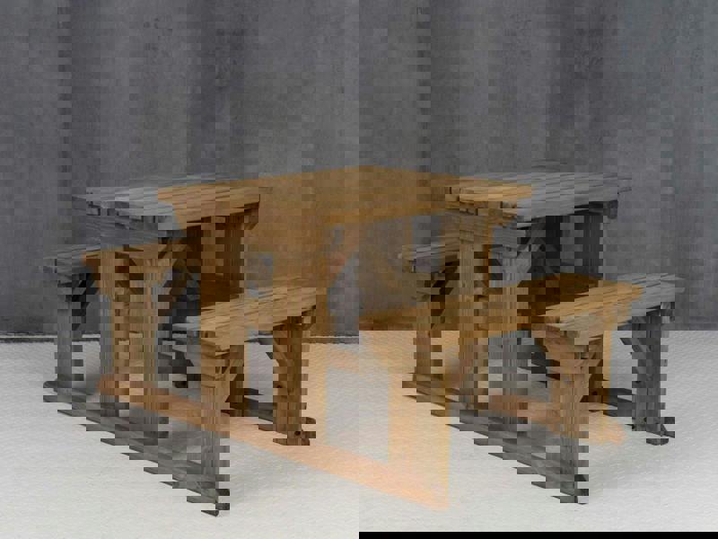 Abies Picnic Table and Benches Set - Rustic Finish Wooden Outdoor Dining Set for Gardens and Patios