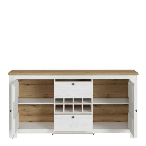 Wyld Haus Tipsyfern White and Natural Oak Wood 2 Door 2 Drawer Sideboard with Wine Rack