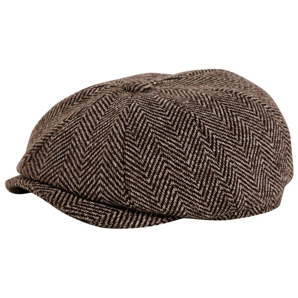 Gamble & Gunn Brown Herringbone Jumbo Tweed Button Top Newsboy Cap