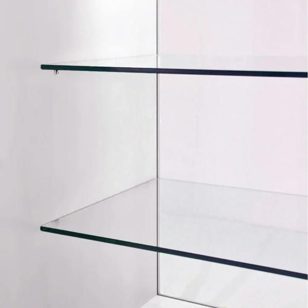 Brilliant white retail display set featuring sleek glass shelves, ideal for showcasing products in a modern shop environment