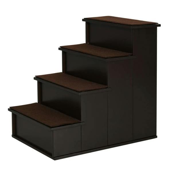 Dark brown 3-step pet stairs with brown carpet treads and side panels