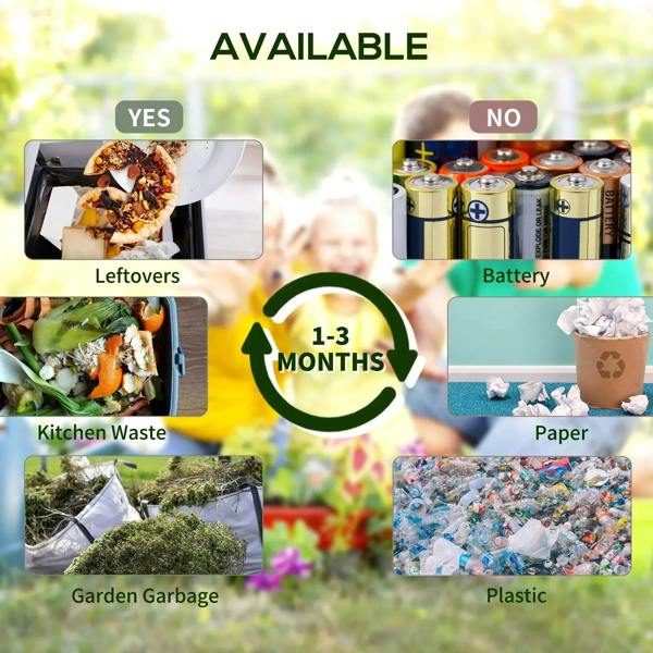 Green and black compost bin with open door showing kitchen waste inside