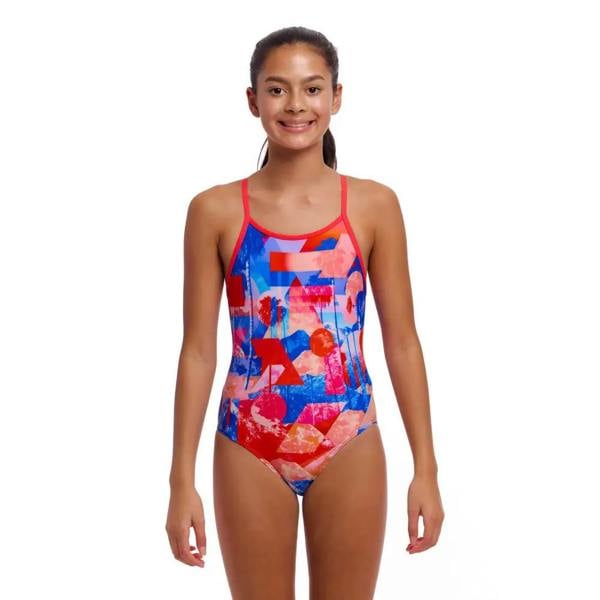 Funkita Girls Miss Adventure diamond back swimsuit in blue red abstract print