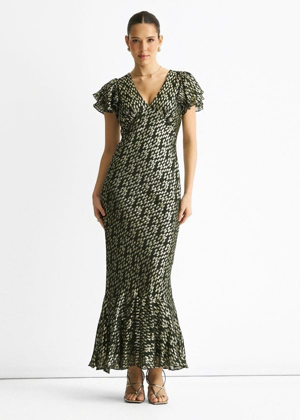 Gini London Dark Green Viscose Clipped Gold Jacquard Bias Cut Maxi Dress