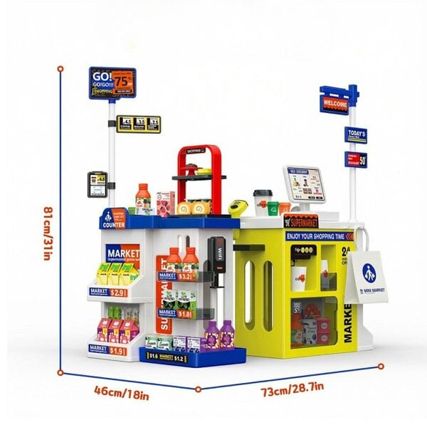 deAO Toys Kids Supermarket & Cafe Playset Blue– 67PCS Ages 3+