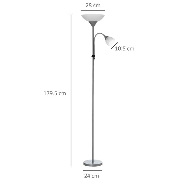 Silver floor lamp with wide top shade and adjustable side spotlight on tall slim pole, round base.