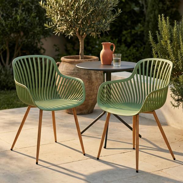 Core Products Pair Of Sunray Bistro Garden Arm Chairs, Moss Green With Wood Effect Legs