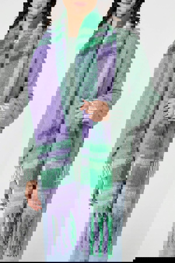 Purple | Checked Print Oversized Fringed Scarf
