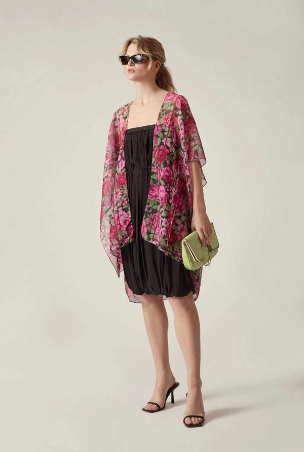 James Lakeland Pink Black Rose Print Kaftan