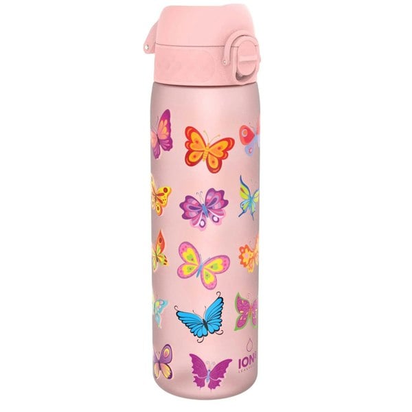 A pink water bottle covered in colorful butterfly patterns stands upright against a white background It features a flip-top lid Text on it reads ION8 Leak Proof