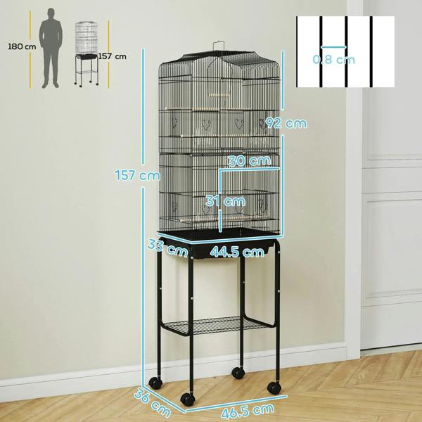 Wheeled black bird cage with two-level design, front access, and top mesh dome