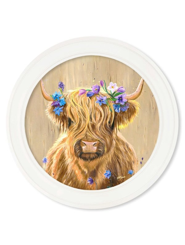 Exceptional Art Highland Cow Print 'Flower Girl' by Amy Ansell - Strong White Round Frame