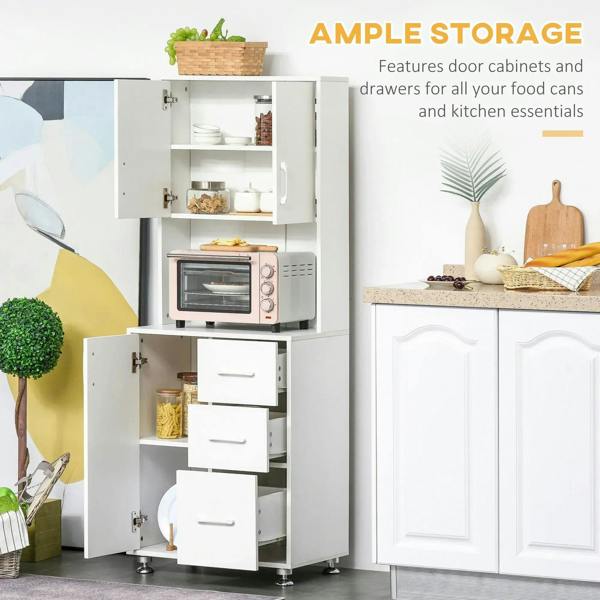 White kitchen cabinet with open shelves and three pull-out drawers under countertop