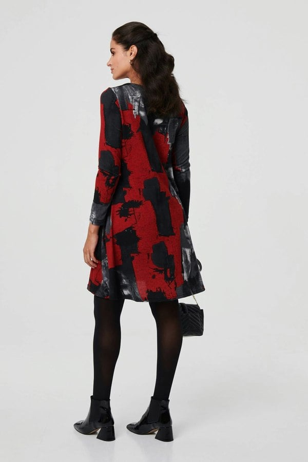 Red | Printed Long Sleeve Short Shift Dress
