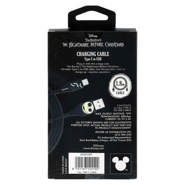Quest | Nightmare Before Christmas 6ft USB-A To Type-C Braided Charging Cable Jack Bats