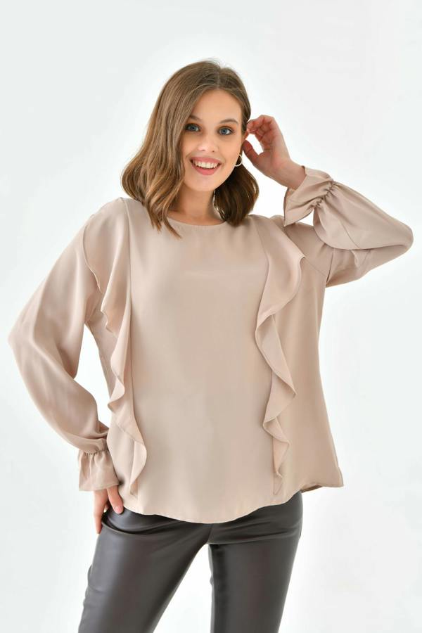 Hoxton Gal Oversized Frilled Front Blouse with Detailed Cuffs in Beige
