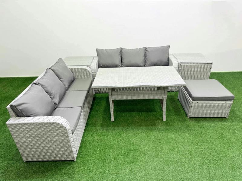 Fimous 7 Seater Wicker Rattan Garden Furniture Patio Set, Dining Table, High Back Lounge Sofa, Big Footstool, 2 Side Table, Light Grey