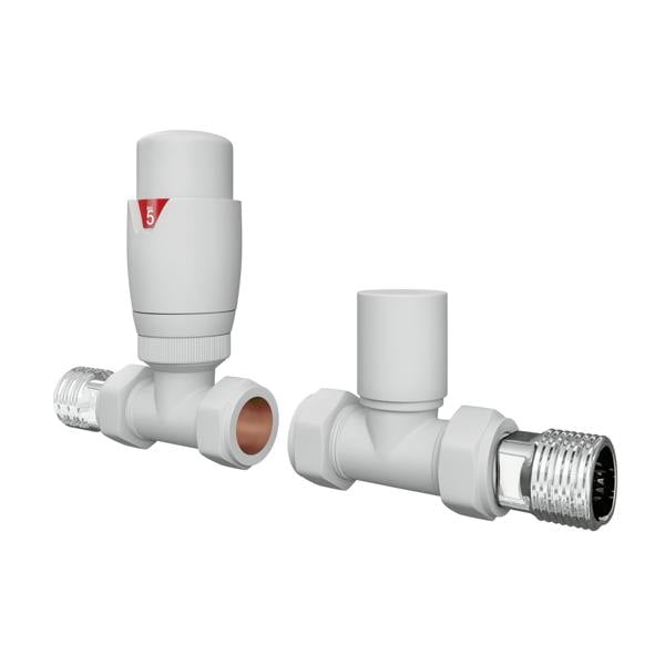Flode Straight Round Manual Radiator Valve Pack | 15mm x 1/2″ | Matt White