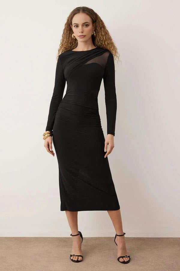 WOVCOR Elegant Knitted Midi Dress with Lining