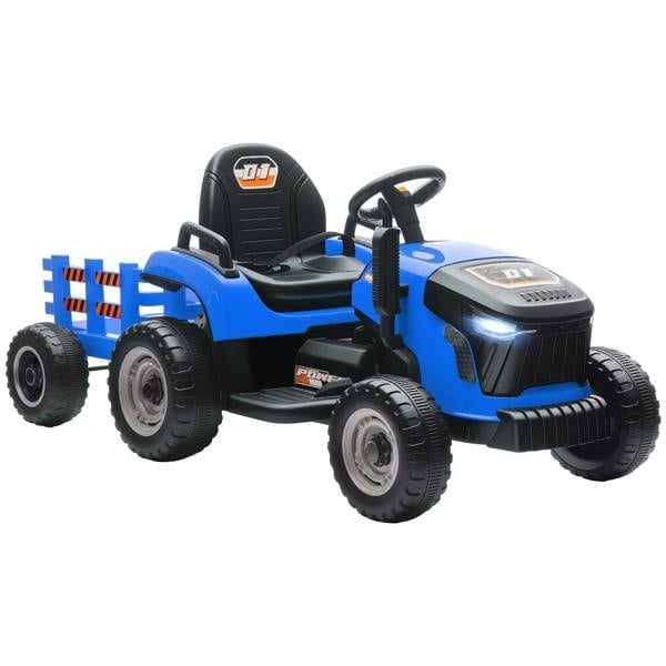 Blue kids ride-on tractor with trailer hitch, front headlights, steering wheel and seat