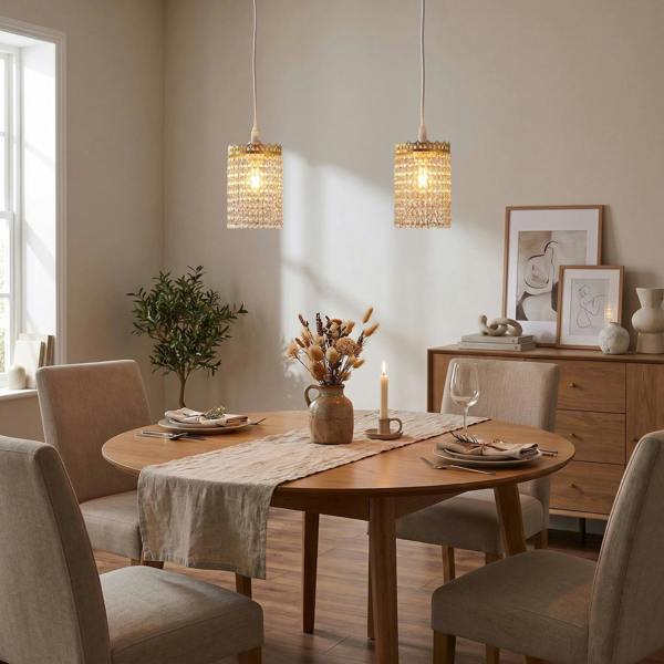 Polished Gold Crown Pendant Light Shade with Strings of Clear Beads Image 6
