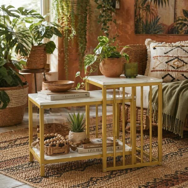 Wyld Haus Rolana Set Of 2 Nesting Coffee Tables Metal And Marble Effect and Gold Frame
