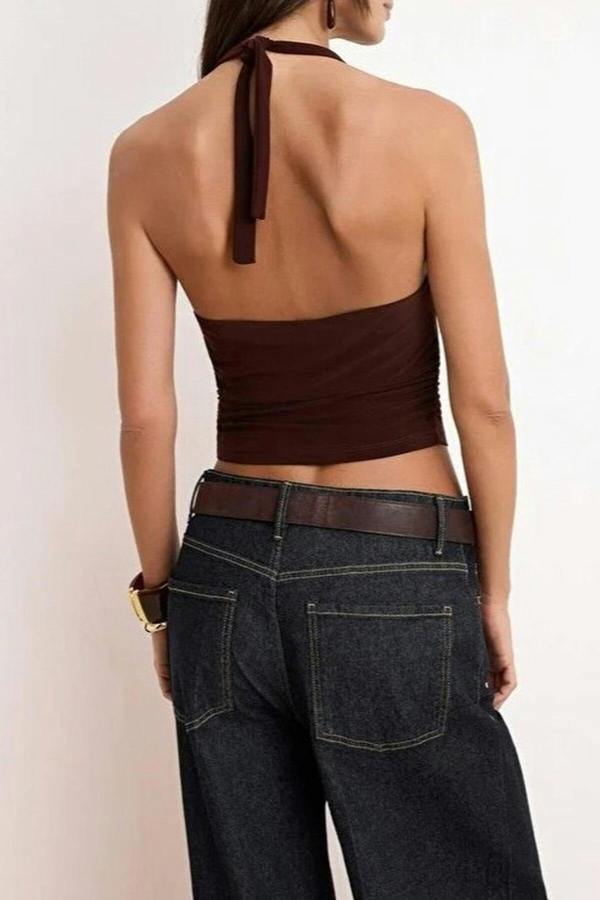 WOVCOR Halter Neck Patterned Fitted Crop Knit Blouse