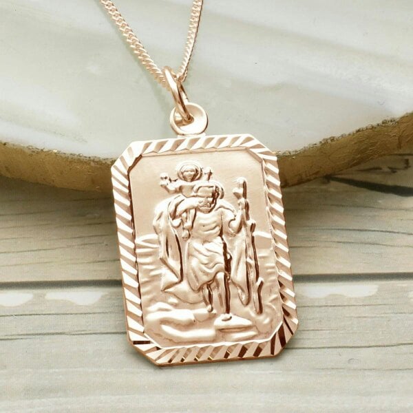 Christopher James of London 9ct Rose Gold Plated Diamond Cut Large Rectangle St Christopher Pendant With Optional Engraving and Chain